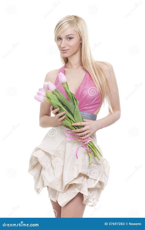 Jonge Mooie Blonde Vrouwen Met Tulpen Stock Afbeelding Image Of