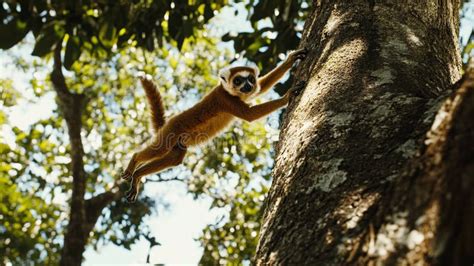 Red-fronted Lemur Leaping between Trees in Lush Forest Stock Photo ...
