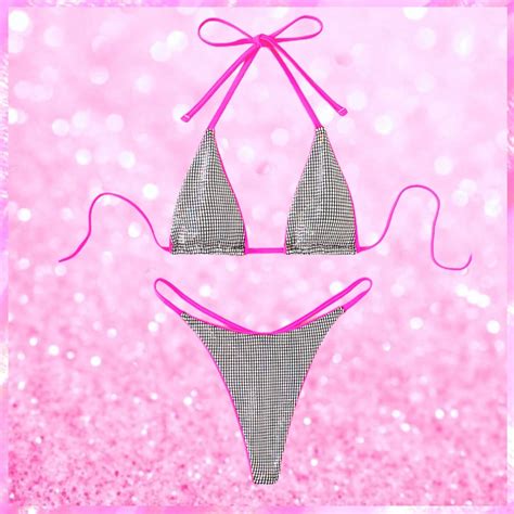 Glitter Embellished Thong Bikini Set Pink Sugar Fashion