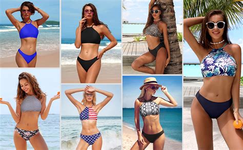 Amazon Beautyin Womens Floral Striped Halter High Neck Bikini Swimsuit Set Cross Back