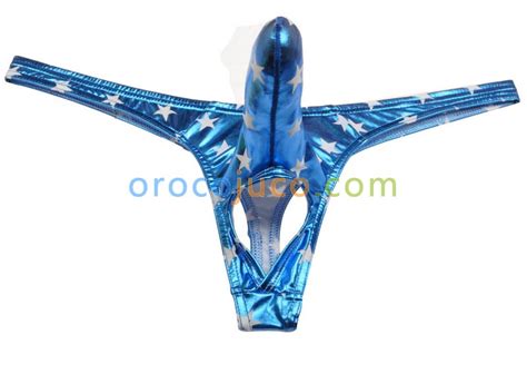 Men Shiny Stars T Back Ball Hole Faux Underwear Long Pouch Bikini Nuts Out Thong Mux