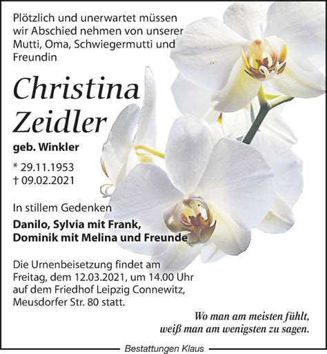 Traueranzeigen Von Christina Zeidler Trauer Anzeigen De