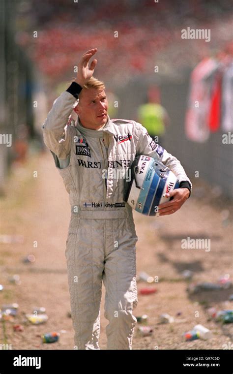 Mika Hakkinen Waves Crowd Makes Way Back Pits Crashing Hi Res Stock