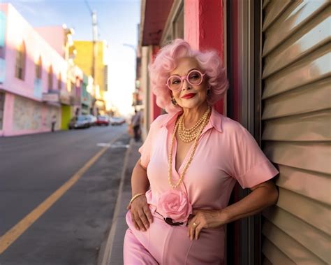 Premium AI Image Charming In Pink Captivating Portrait Of A Mature Woman On The Street