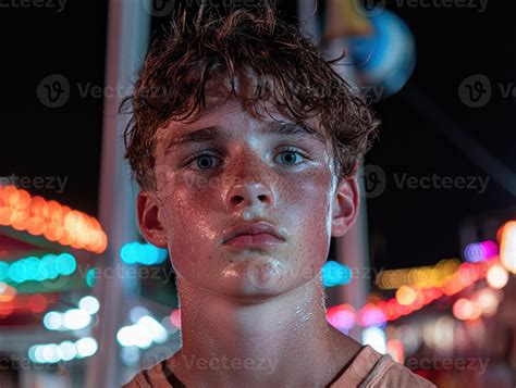 Teenage boy sweating at night fair 55620924 Stock Photo at Vecteezy