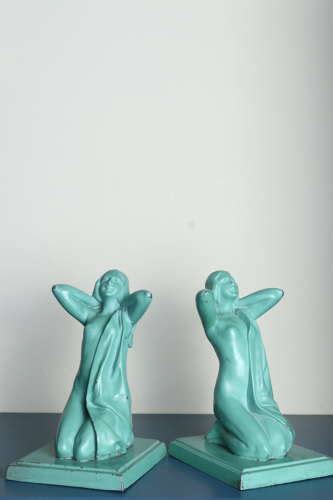 Art Deco Kneeling Nude Woman Sculpted Painted Spelter Bookends