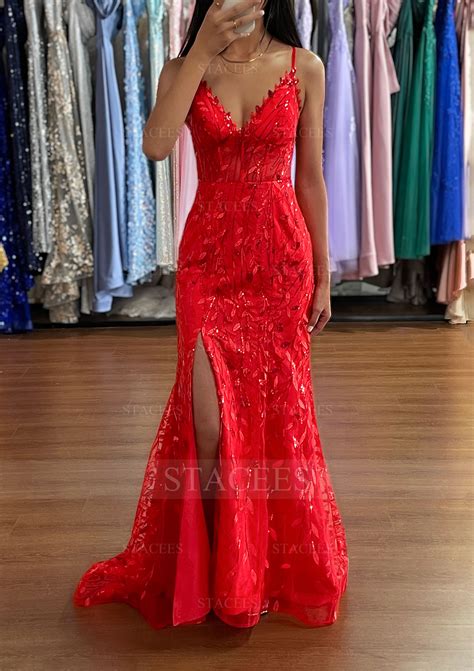 A Line V Neck Sleeveless Sweep Train Tulle Prom Dress With Sequins Split Prom Dresses Stacees