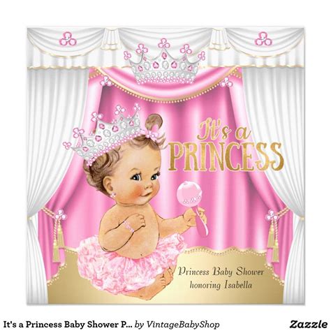 Princess Baby Shower Pink White Gem Gold Brunette Invitation Zazzle