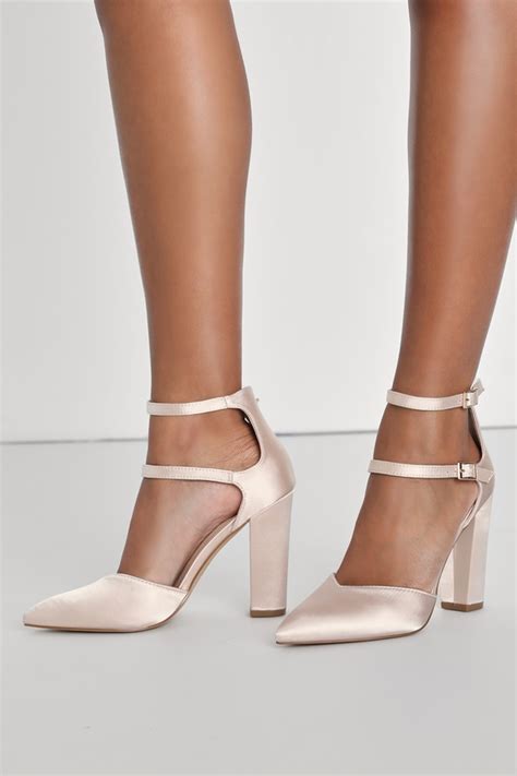 Light Nude Satin Pumps Dual Ankle Strap Pumps Satin Heels Lulus
