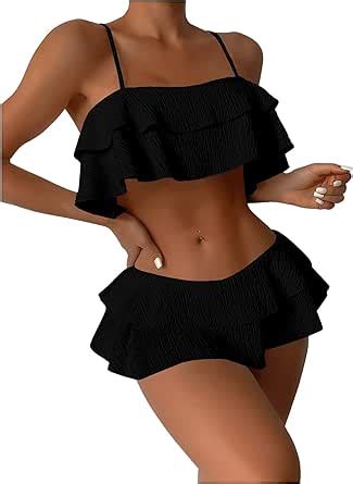 Amazon SweatyRocks Women S 2 Piece Ruffle Trim Bikini Set Spaghetti Strap Swimsuit Tiered