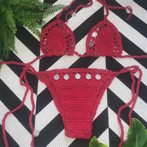 Burgundy Crochet Bikini With Boho Style Coin Depop