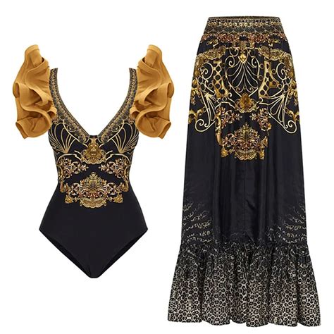 Pleated Three Dimensional Ruffled Swimsuit V Neck Sexy Slim One Piece Printed Bikini Chiffon