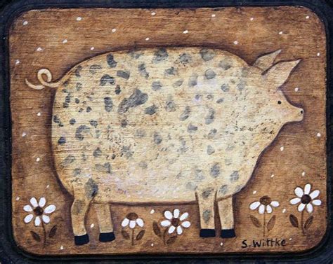 Hand Painted Folk Art Primitive Pig On Bread Board By Ravensbend 12