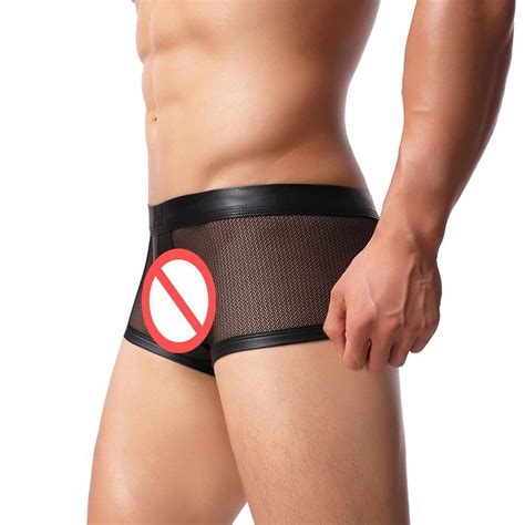 Sexy Mesh Mens Gay Underwear Boxers Homme Nylon Faux Leather Pouch Men Transparent Boxer