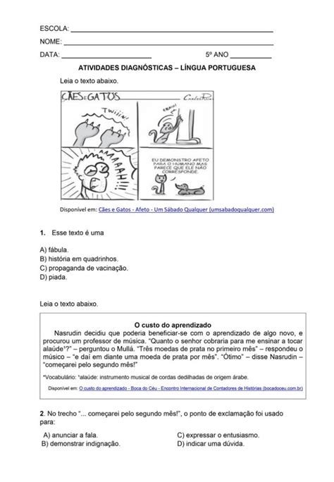 Avaliação Diagnóstica para o 5º Ano de Português