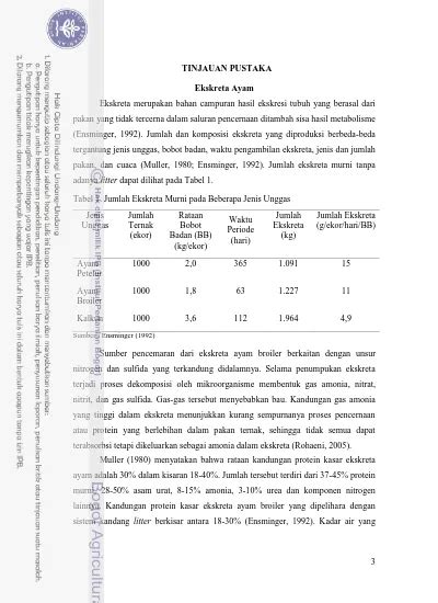TINJAUAN PUSTAKA Tabel 1 Jumlah Ekskreta Murni Pada Beberapa Jenis