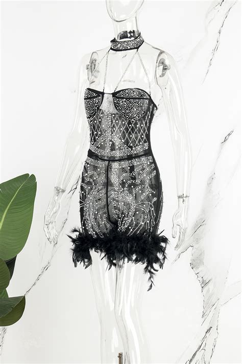 Wholesale Black Sexy Hot Drilling Patchwork See Through Feathers Beading Mesh Halter Skinny