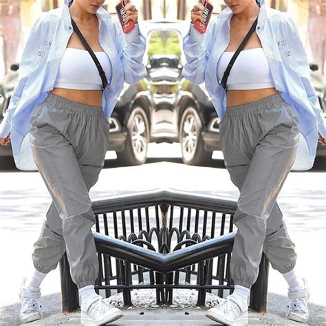 Хип-хоп Светоотражающие женские штаны с высокой талией, эластичные ...