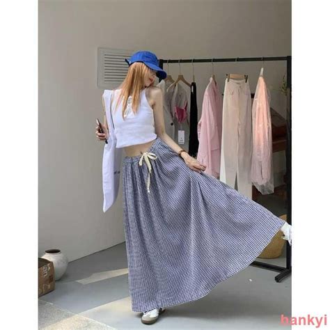 台灣出貨 連身裙 韓版高腰抽繩格子半身裙女裝春夏復古寬鬆a字長裙設計感裙子 牛仔短裙 西裝裙 開衩長裙 格子裙 長裙 蝦皮購物