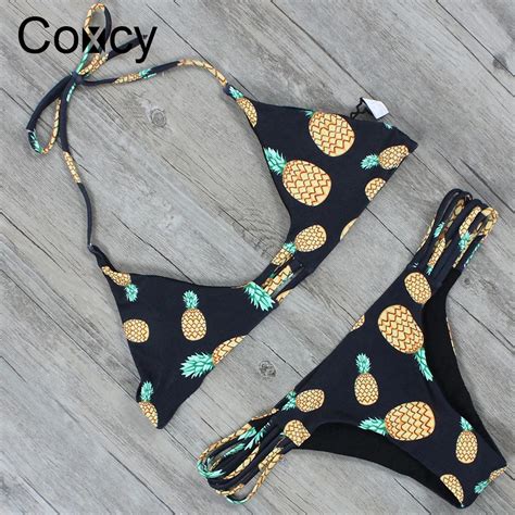 Coxcy Sexy Bandage Biquinis Set Mulheres Forma Abacaxi Impresso Bikini Mai S Trajes De Banho Do