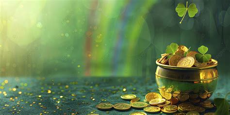 A Pot Full With Gold Coins Clover Leafs And Rainbow On Green Background ...