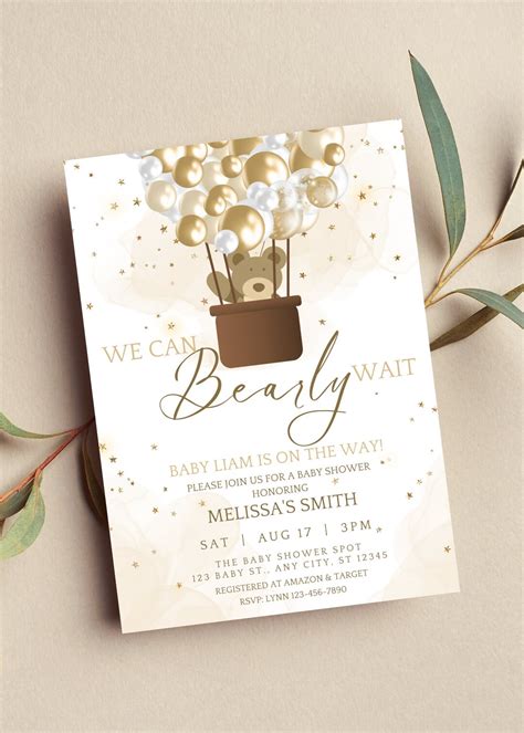 Editable We Can Bearly Wait Baby Shower Invitation Teddy Bear And Hot Air Balloon Brown And Gold