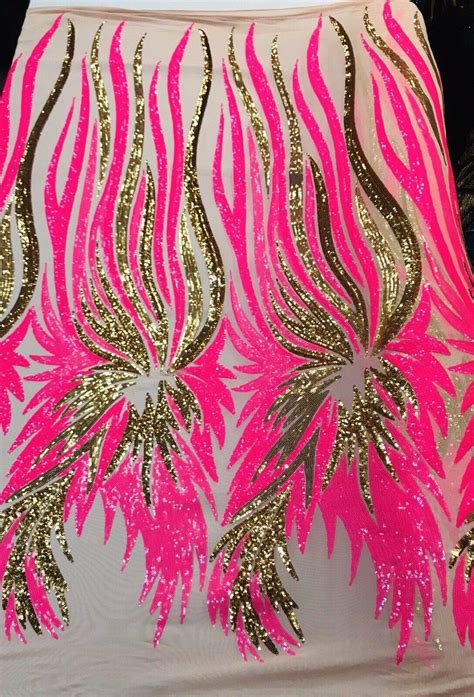 Buy NEON PINK GOLD ANGEL WINGS SEQUIN DESIGN ON A NUDE 4 WAY STRETCH MESH BY YARD Online At