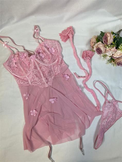 Romantic Underwire Babydoll Lingerie Set With Pair Stockings Etsy