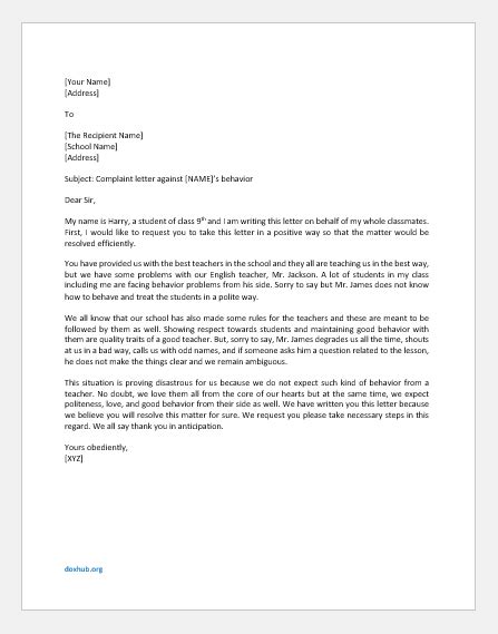 complaint letter  teachers behavior document hub