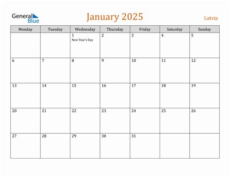 Free January 2025 Latvia Calendar