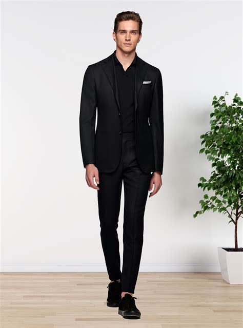 Black Suit, Black Polo T-shirt, Black Sneakers - Suits Expert