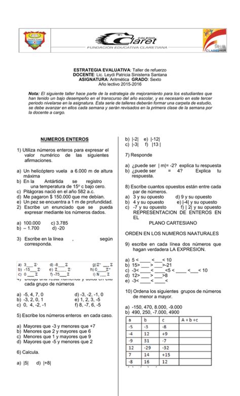 Taller De Refuerzo Numeros Enteros III Periodo