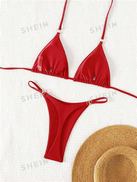 SHEIN Swim Conjunto de bikini con detalles de calado de verano y copa triangular con decoración