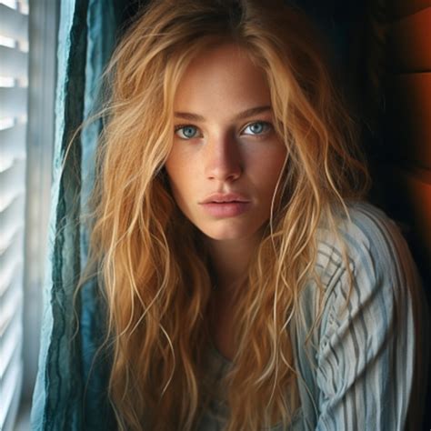 Portrait D une Jeune Fille Blonde Aux Yeux Bleus Face à La Lumière Venant De L extérieur Concept