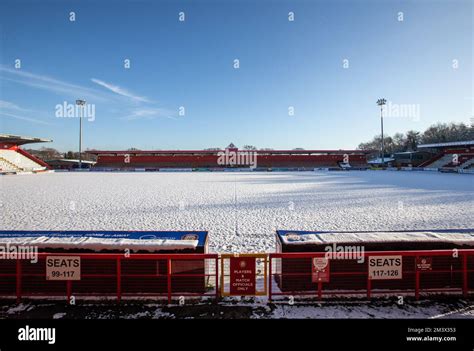 Snow Covered Football Soccer Pitch In Wintery Scene At English