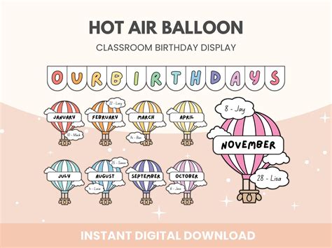 Hot Air Balloon Classroom Birthday Display Class Birthday Bulletin Board Display Rainbow
