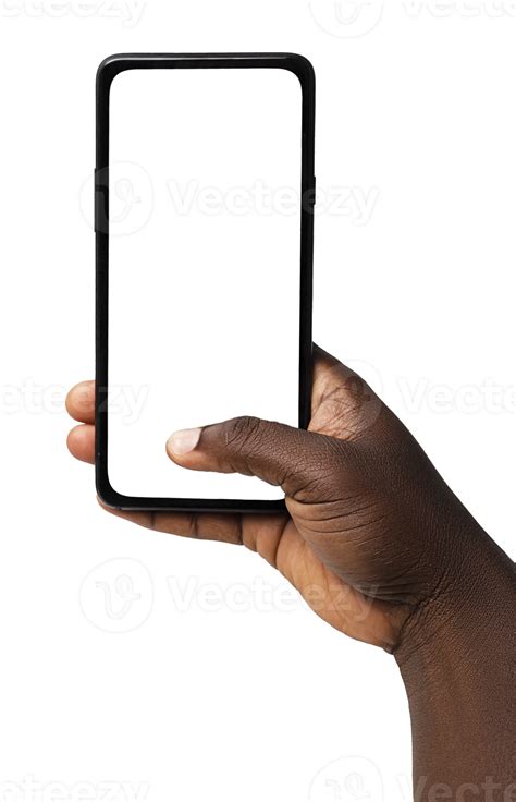 Black Hand Holding Phone Facing Camera Isolated On Transparent