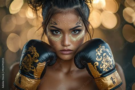 A Naked Woman In Luxurious Asia Designed Gold Boxing Gloves Symbolizes Fierce Determination And