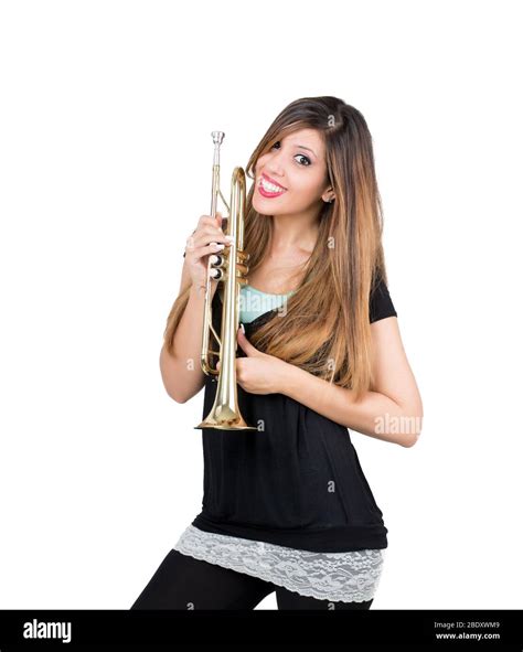 Funny Beautiful Woman Holding Trumpet Isolated Stock Photo Alamy
