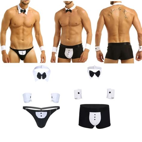 US SEXY MENS Lingerie Set Tuxedo Thong Briefs With Collar Waiter Costume Cosplay EUR 10 13
