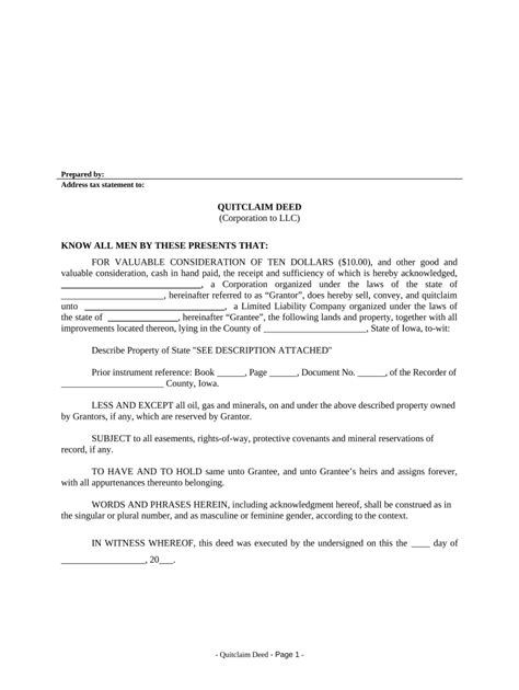 Quitclaim Deed From Corporation To Llc Iowa Fill Out Sign Online