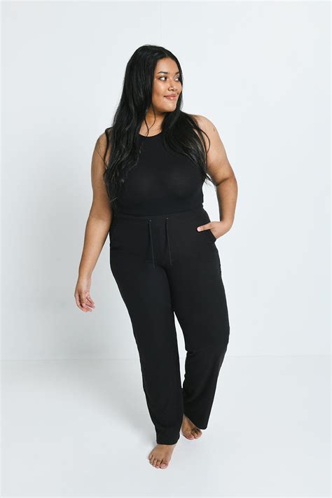 Plus Size Black Ribbed Wide Leg Trousers Lovall