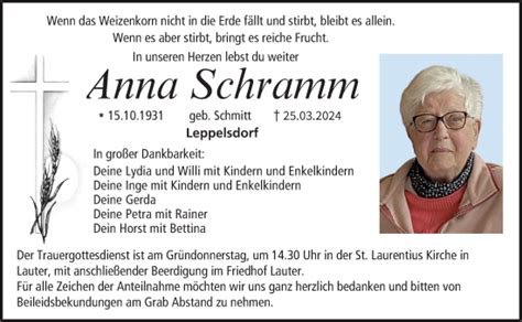 Anna Schramm Traueranzeige Trauer Infranken De