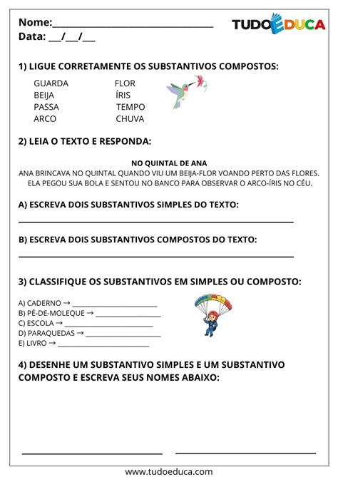 Atividade Substantivo Simples E Composto 3 Ano - 3 Atividades de Português Substantivos Simples e Compostos para 2º Ano