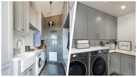 Laundry Room With Gray Cabinets And White Countertops Design Ideas