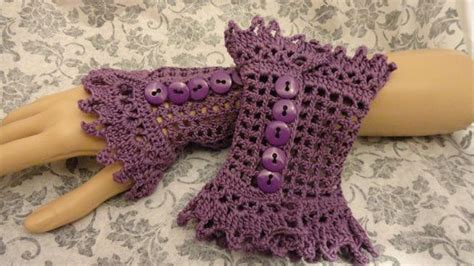 Purple Cotton Crochet Wrist Cuffs Gothic Victorian Noir Mourning