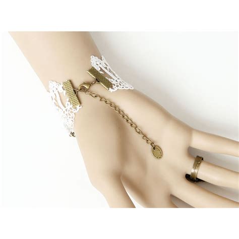 Victorian Lace Wristband Gem Embellishment Bracelet With Ring J