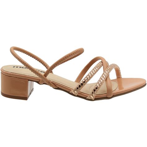 Sandália Moleca Salto Grosso Baixo Tiras Strass Elast Feminina Nude