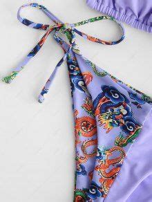 ZAFUL Chinoiserie Dragon Print Tanga String Bikini Swimwear In LIGHT PURPLE ZAFUL 2025
