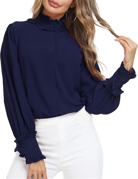 Women Ruffle Mock Neck Concealed Button Down Long Sleeve Work Blouse